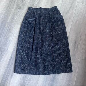 Vintage Elegant Dark Navy Tweed Wool Blend Midi Skirt
